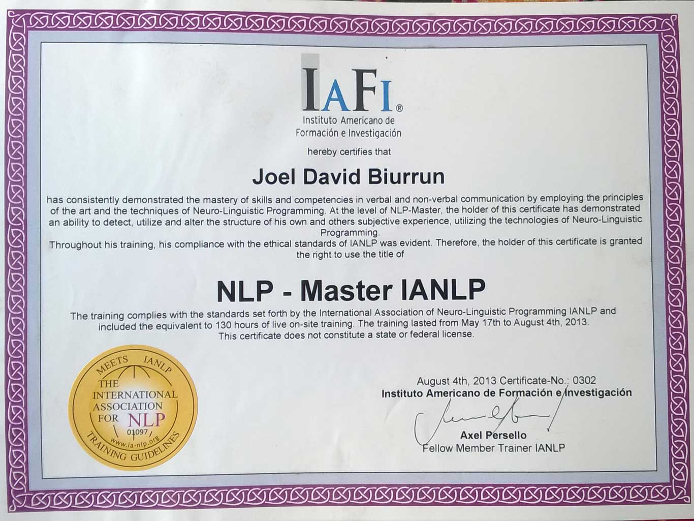 Certificación Master PNL. IANLP Joel Biurrun