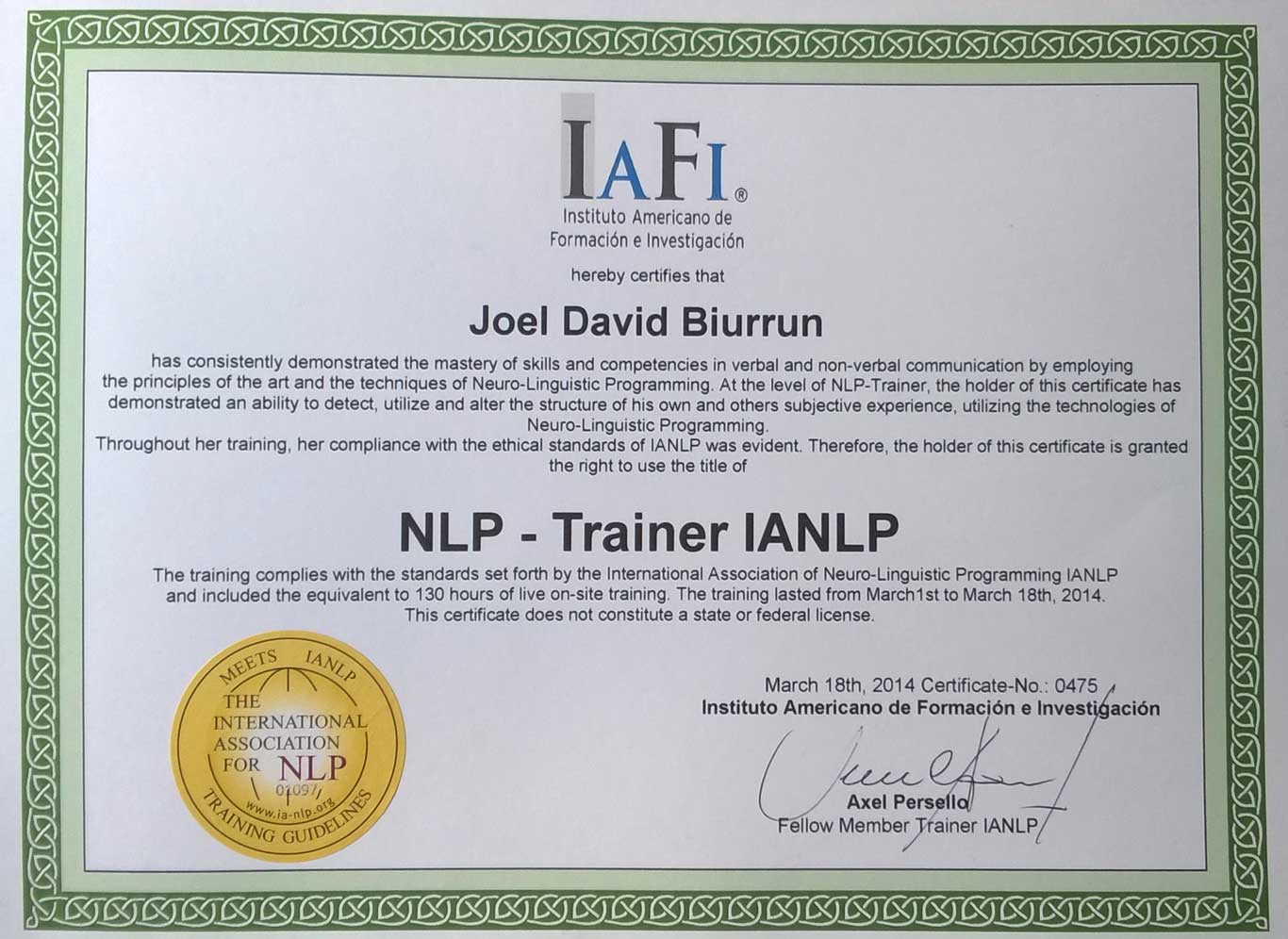 Certificación Trainer en PNL. IANLP Joel Biurrun