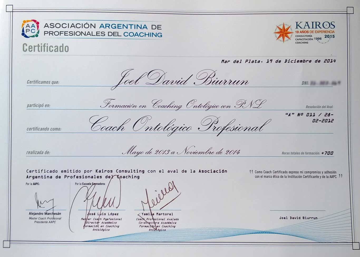 Certificado Coach Profesional Avalado AACOP. Joel Biurrun Tandil