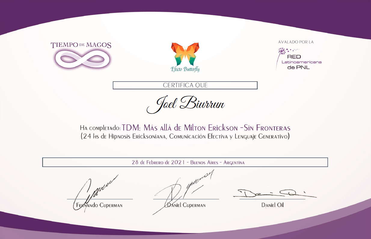 Certificado TDM Más allá de Milton Erickson. Joel Biurrun